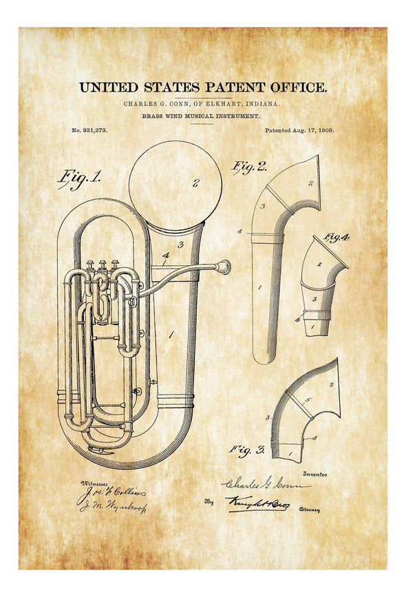 Brass Wind Instrument Patent Print - Band Director Gift, Wall Decor, Music Poster, Music Art, Music Room Decor, Tuba Patent, Trombone Patent Art Prints mypatentprints 10X15 Parchment 