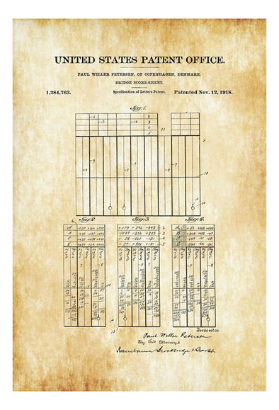 Bridge Game Score Sheet Patent Print - Game Room Decor, Bridge Game Patent, Game Night, Card Game Patent, Game Room Art, Vintage Bridge Game Art Prints mypatentprints 10X15 Parchment 