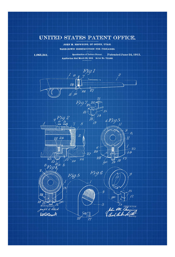 Browning 1913 Firearm Patent - Patent Print, Wall Decor, Gun Art, Firearm Art, Gun Patent, Shotgun Patent, Browning Patent Art Prints mypatentprints 