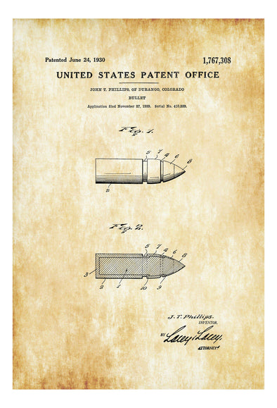 Bullet Patent 1930 - Patent Print, Gun Art, Firearm Art, Western Art, Gun Patent, Firearm Patent, Law Enforcement Gift, Bullet Patent Art Prints mypatentprints 10X15 Parchment 