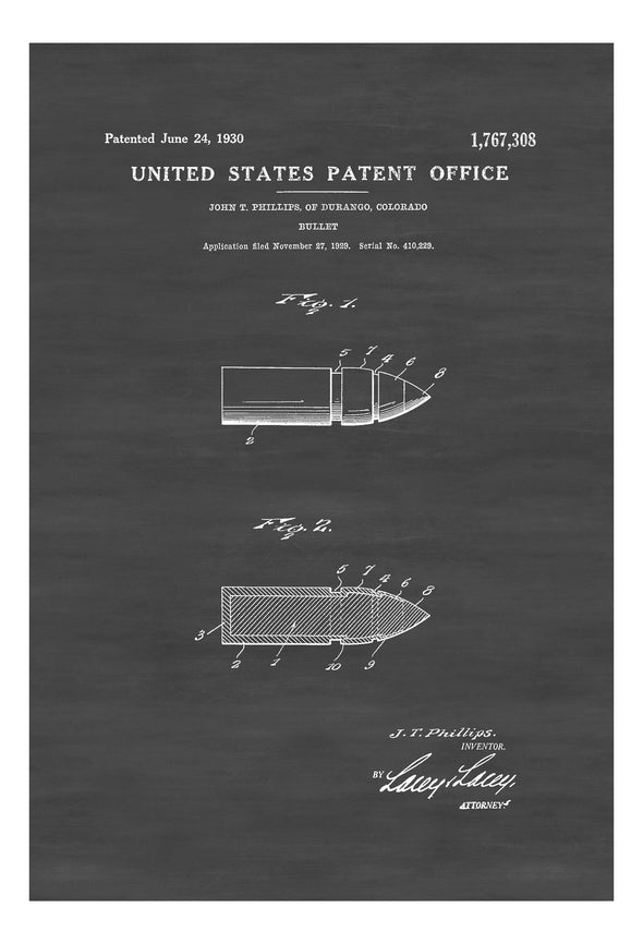 Bullet Patent 1930 - Patent Print, Gun Art, Firearm Art, Western Art, Gun Patent, Firearm Patent, Law Enforcement Gift, Bullet Patent Art Prints mypatentprints 