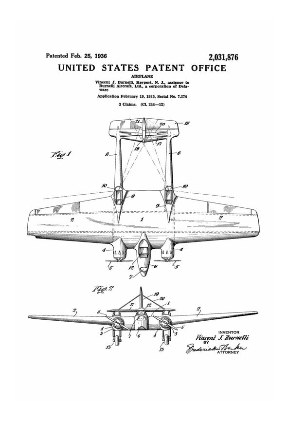 Burnelli A-1 Bomber Patent Print - Vintage Airplane, Airplane Blueprint, Airplane Art, Pilot Gift, Aircraft Decor, Airplane Poster