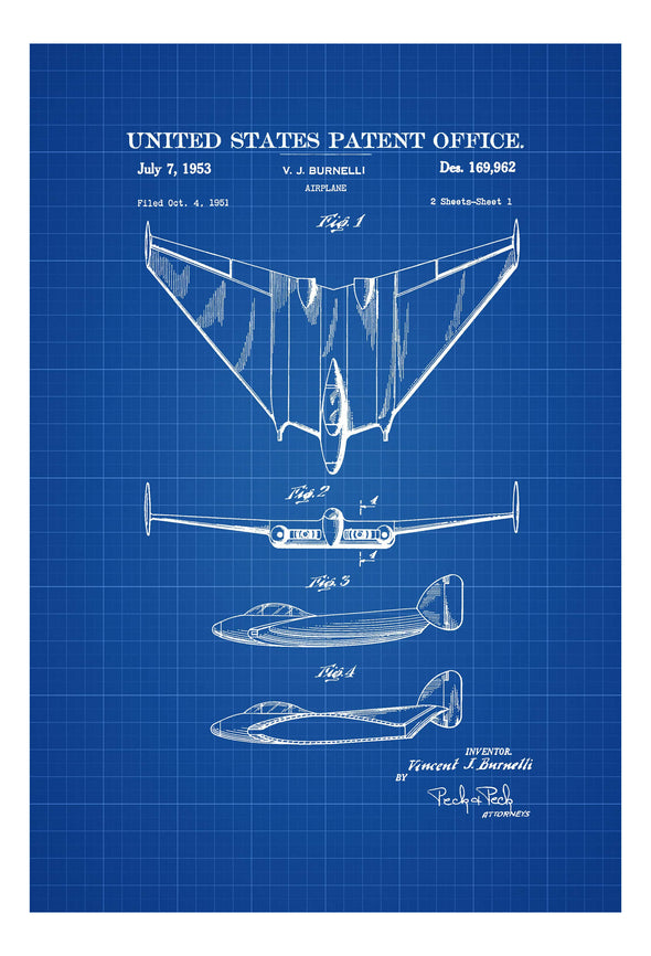Burnelli Flying Wing Patent 1953 - Vintage Airplane, Airplane Blueprint, Airplane Art, Pilot Gift, Aircraft Decor, Airplane Patent, Planes Art Prints mypatentprints 10X15 Parchment 