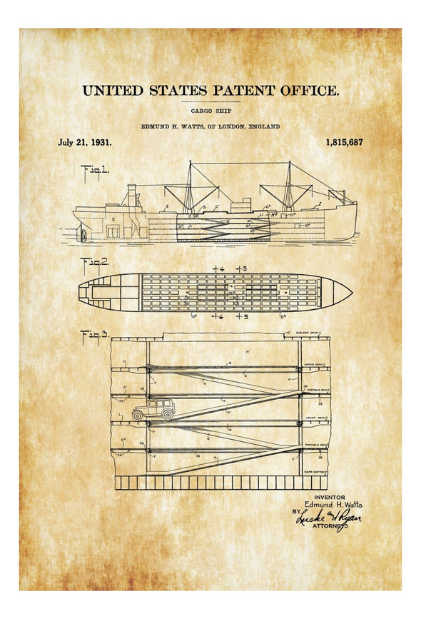 Cargo Ship Patent - Patent Print, Vintage Nautical, Shipyard Art, Sailor Gift, Sailing Decor, Nautical Decor, Ship Decor, Boating Decor Art Prints mypatentprints 