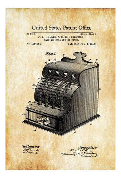 Cash Register Patent 1890 - Patent Print, Wall Decor, Vintage Cash Register, Ice Cream Parlor, Cash Register, Old Register