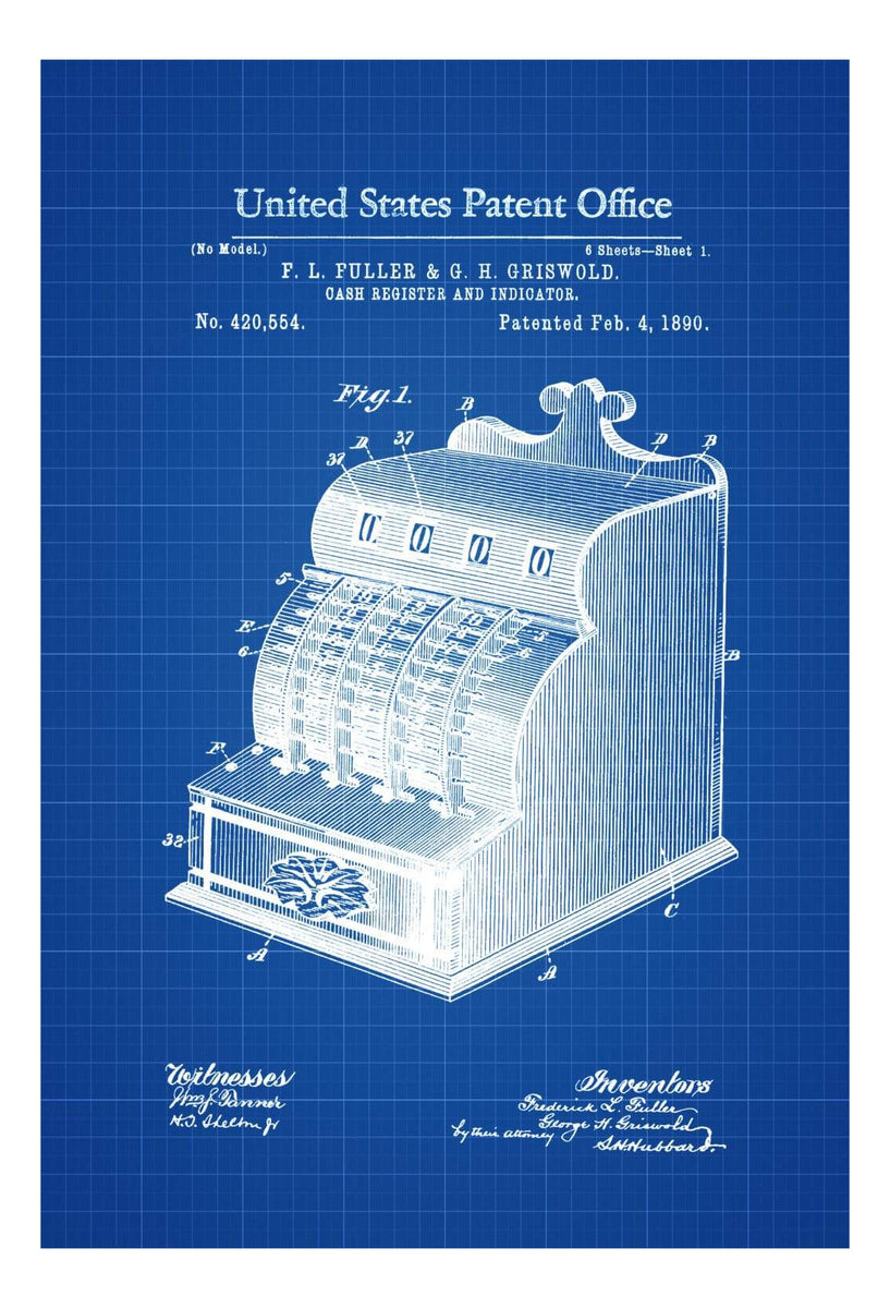 Cash Register Patent 1890 - Patent Print, Wall Decor, Vintage Cash Reg ...
