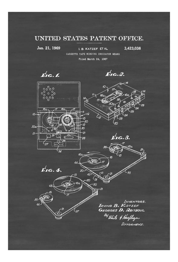 Cassette Tape Patent Print 1969 - Patent Poster, Wall Decor, Music Poster, Studio Decor, Music Decor, Music Buff, Vintage Cassette Tape Art Prints mypatentprints 