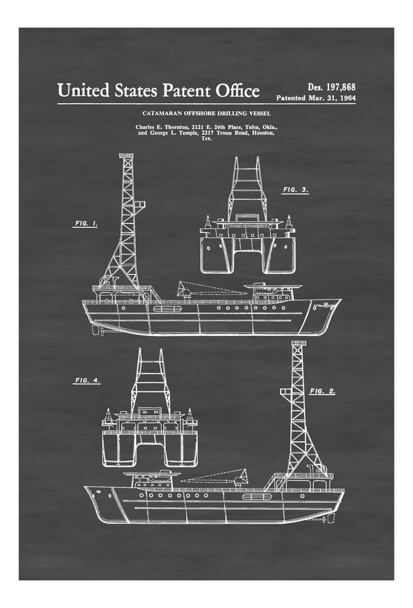 Catamaran Offshore Drilling Vessel Patent - Patent Print, Vintage Nautical, Naval Art, Sailor Gift, Nautical Decor, Ship Decor, Boating Art Art Prints mypatentprints 5X7 Blueprint 