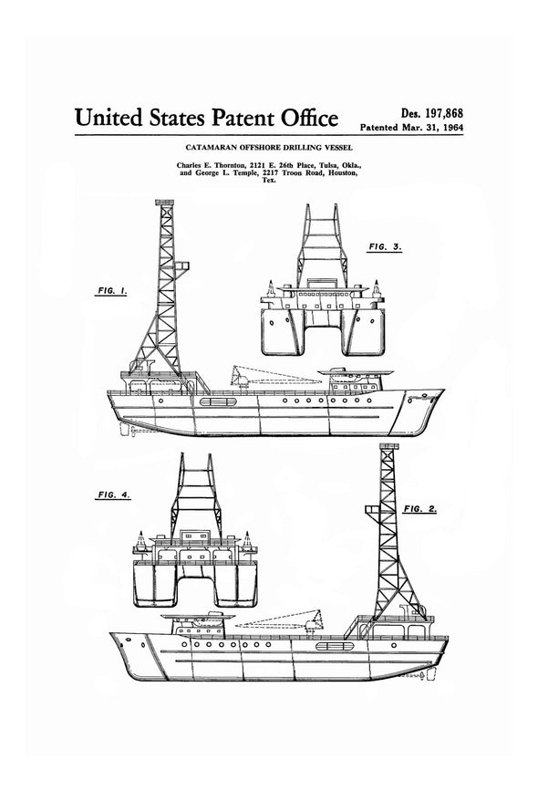 Catamaran Offshore Drilling Vessel Patent - Patent Print, Vintage Nautical, Naval Art, Sailor Gift, Nautical Decor, Ship Decor, Boating Art Art Prints mypatentprints 