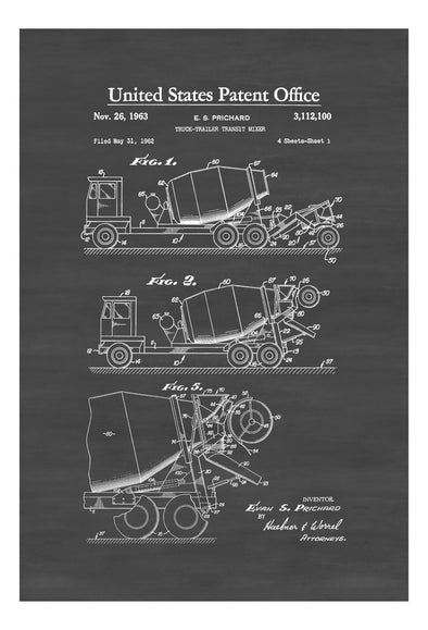 Cement Truck Patent Print 1963 - Truck-Trailer Transit Mixer Patent, Wall Decor, Truck Decor, Trucker Gift, Truck Drawing, Truck Blueprint Art Prints mypatentprints 10X15 Parchment 