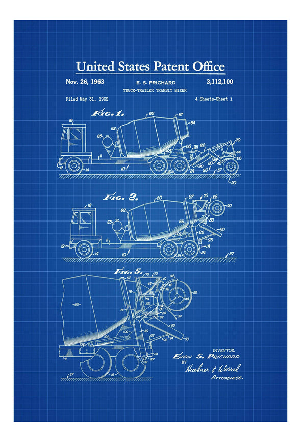 Cement Truck Patent Print 1963 - Truck-Trailer Transit Mixer Patent, Wall Decor, Truck Decor, Trucker Gift, Truck Drawing, Truck Blueprint Art Prints mypatentprints 