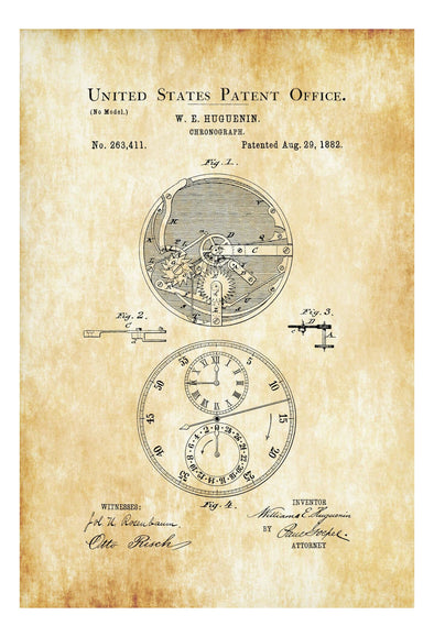 Chronograph Patent Print 1882 - Watch Blueprint, Pocket Watch, Vintage Watch, Antique Watch, Chronograph Blueprint, Chronograph Watch Patent Art Prints mypatentprints 10X15 Parchment 