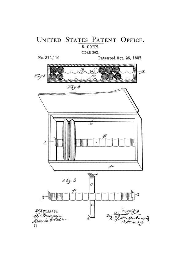 Cigar Box Patent 1887 - Tobacco Patent, Cigar Lounge Sign, Cuban Cigar, Cigar Art, Cigar Decor, Man Cave, Cigar Box, Cigar Patent Art Prints mypatentprints 