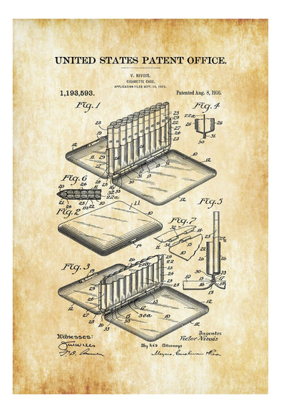 Cigarette Case Patent 1916 - Smoking Patent, Cigar Lounge Sign, Man Cave, Cigar Lounge Decor, Cigarette Patent, Vintage Cigarette Poster Art Prints mypatentprints 10X15 Parchment 