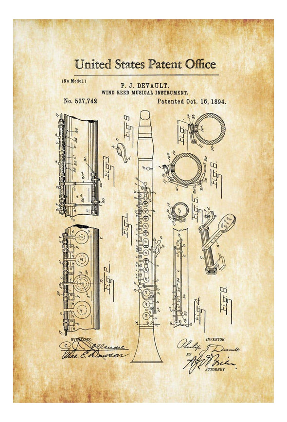 Clarinet Patent 1894 - Patent Print, Wind Reed, Woodwind, Music Poster, Music Art, Musician Gift, Band Director Gift, Wind Instrument Art Prints mypatentprints 10X15 Parchment 