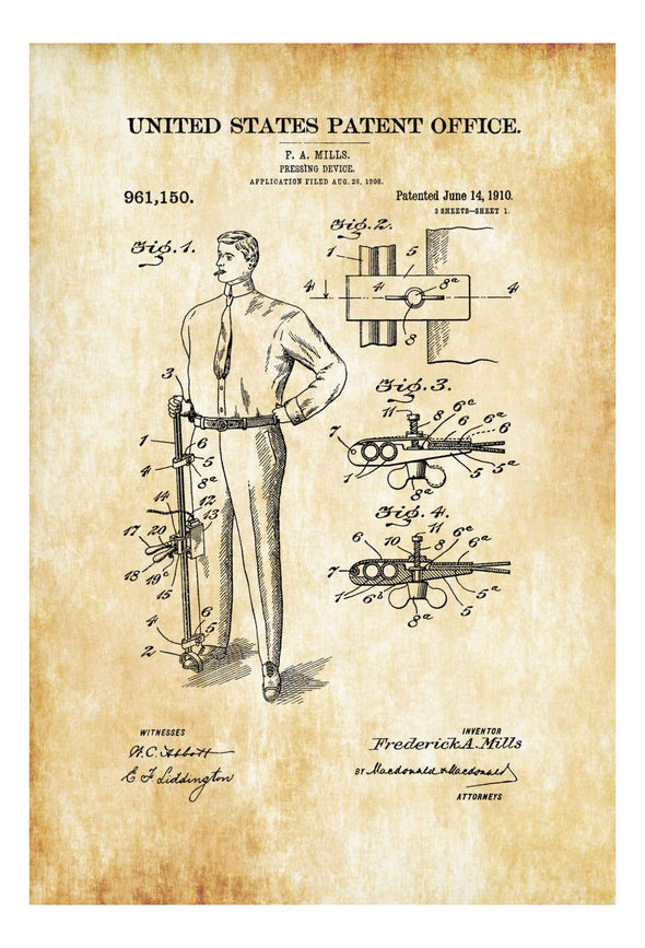 Clothes Pressing Device Patent 1910 - Laundry Room Decor, Vintage Iron, Clothing Press, Iron Patent, Fashion Decor, Bizarre Patents