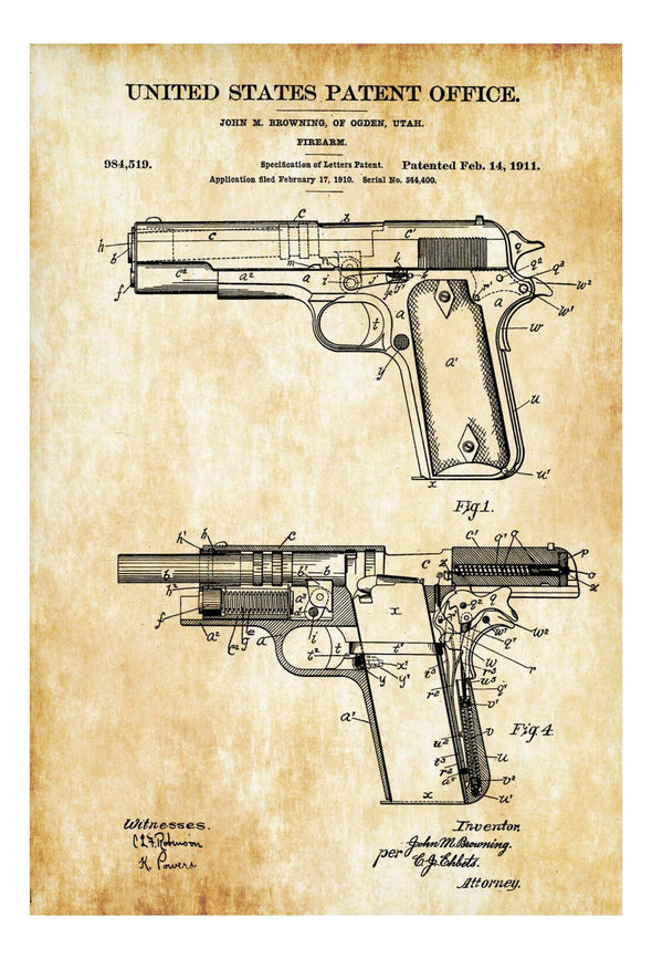 Colt 1911 Firearm Patent Print for Wall Decor. Gun Art and Firearm Art. Art Prints mypatentprints 