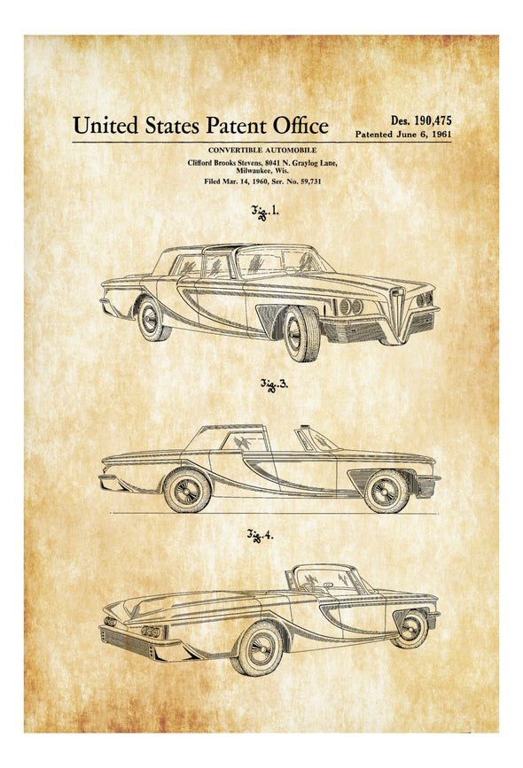 Convertible Autombile Patent - Patent Print, Wall Decor, Automobile Decor, Automobile Art, Excalibur Patent. Classic Cars
