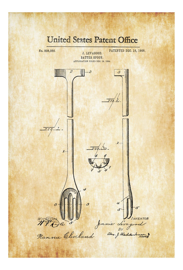 Cooking Batter Spoon Patent - Kitchen Decor, Restaurant Decor, Bar Decor, Patent Print, Wall Decor, Baking Decor, Chef Gift