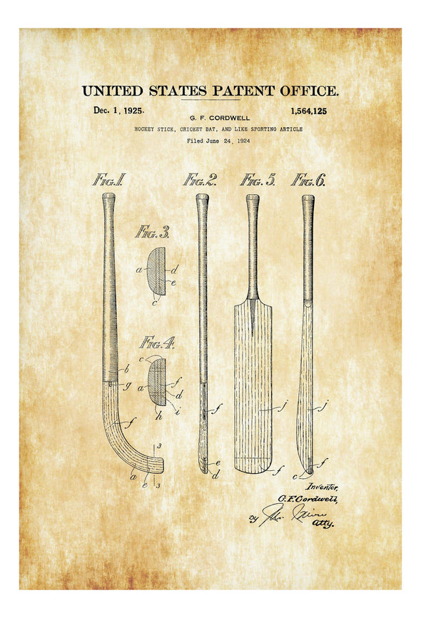 Cricket Bat Patent 1924 - Patent Print, Wall Decor, Cricket Art, Cricket Poster, Cricket Patent, Cricket Fans, Sport Patent Art Prints mypatentprints 