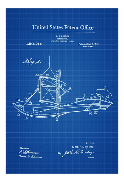 Curtiss 1917 Flying Boat Patent Print - Airplane Blueprint, Vintage Aviation Art, Airplane Art, Pilot Gift,  Aircraft Decor, Airplane Poster