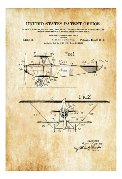 Curtiss 1919 Reconnaissance Biplane Patent - Airplane Blueprint, Vintage Aviation, Airplane Art, Pilot Gift, Aircraft Decor, Airplane Poster