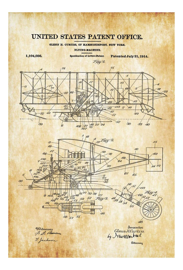 Curtiss Flying Machine Patent Print - Airplane Blueprint, Vintage Aviation Art, Airplane Art, Pilot Gift,  Aircraft Decor, Airplane Poster