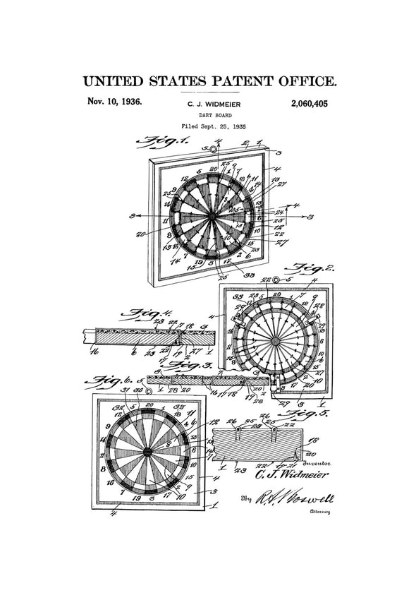Dart Board Patent 1936 - Patent Print, Wall Decor, Game Art, Game Room Decor
