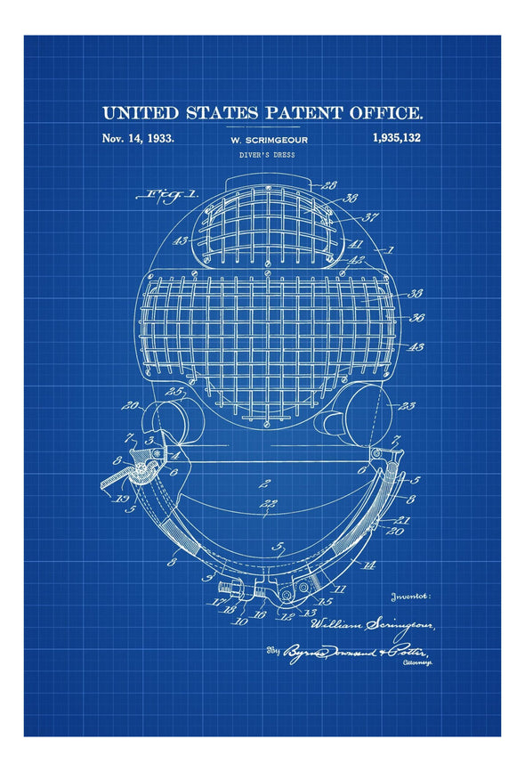 Diver&#39;s Helmet Patent - Patent Print, Wall Decor, Diver Gift, Scuba Gift, Scuba Diver, Deep Sea Diver, Nautical Decor, Beach House Decor Art Prints mypatentprints 10X15 Parchment 