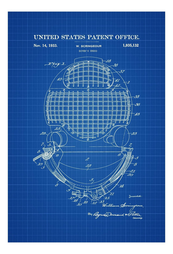Diver&#39;s Helmet Patent - Patent Print, Wall Decor, Diver Gift, Scuba Gift, Scuba Diver, Deep Sea Diver, Nautical Decor, Beach House Decor mws_apo_generated mypatentprints Parchment #MWS Options 2725620178 