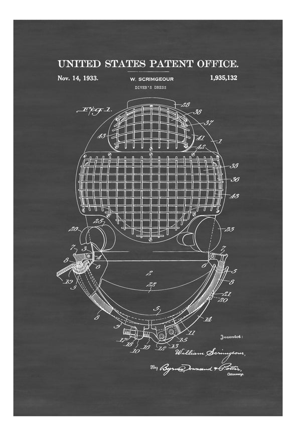 Diver&#39;s Helmet Patent - Patent Print, Wall Decor, Diver Gift, Scuba Gift, Scuba Diver, Deep Sea Diver, Nautical Decor, Beach House Decor Art Prints mypatentprints 