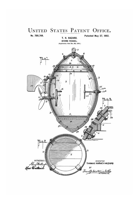 Diving Submarine Patent Print 1902 - Submarine Blueprint, Vintage Submarine, Submarine Poster, Naval Art, Sailor Gift, Nautical Decor Art Prints mypatentprints 