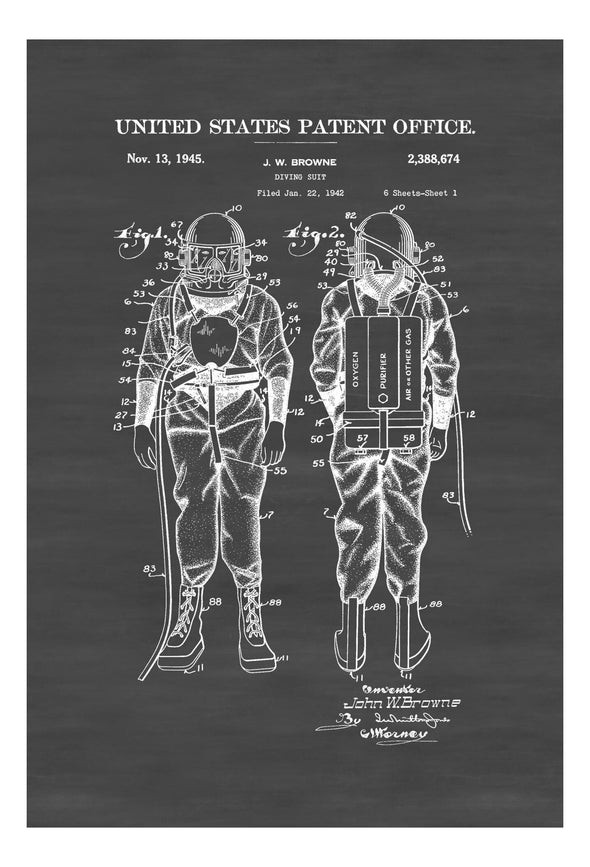 Diving Suit Patent 1945 - Patent Poster, Wall Decor, Diver Gift, Scuba Gift, Scuba Diver, Deep Sea Diver, Nautical Decor, Beach House Decor Art Prints mypatentprints 10X15 Parchment 