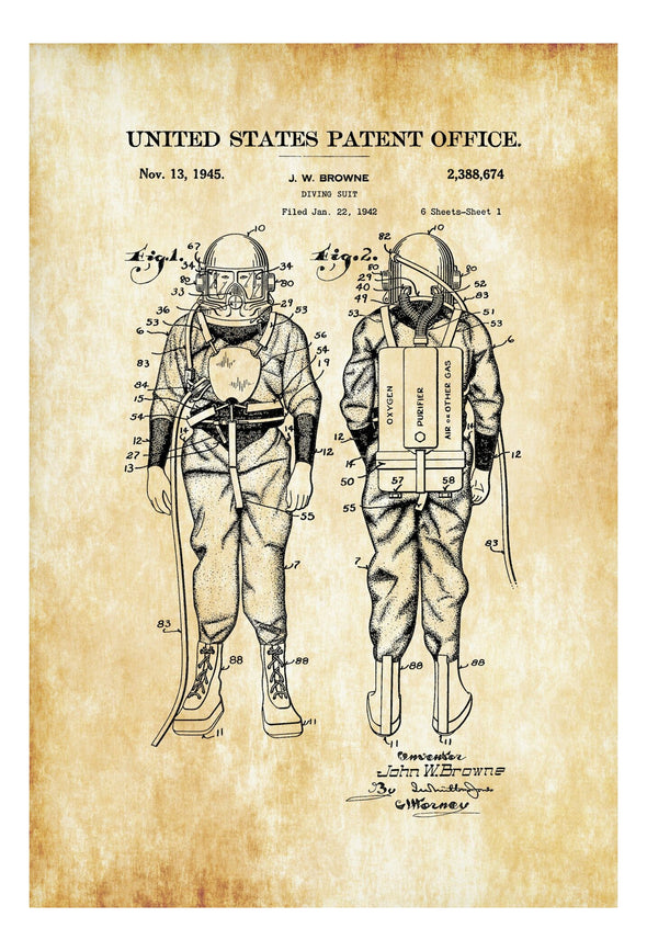 Diving Suit Patent 1945 - Patent Poster, Wall Decor, Diver Gift, Scuba Gift, Scuba Diver, Deep Sea Diver, Nautical Decor, Beach House Decor Art Prints mypatentprints 