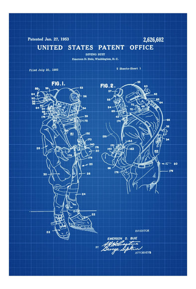 Diving Suit Patent - Patent Print, Wall Decor, Diver Gift, Scuba Gift, Scuba Diver, Deep Sea Diver, Nautical Decor, Beach House Decor mws_apo_generated mypatentprints Blueprint #MWS Options 1040098641 