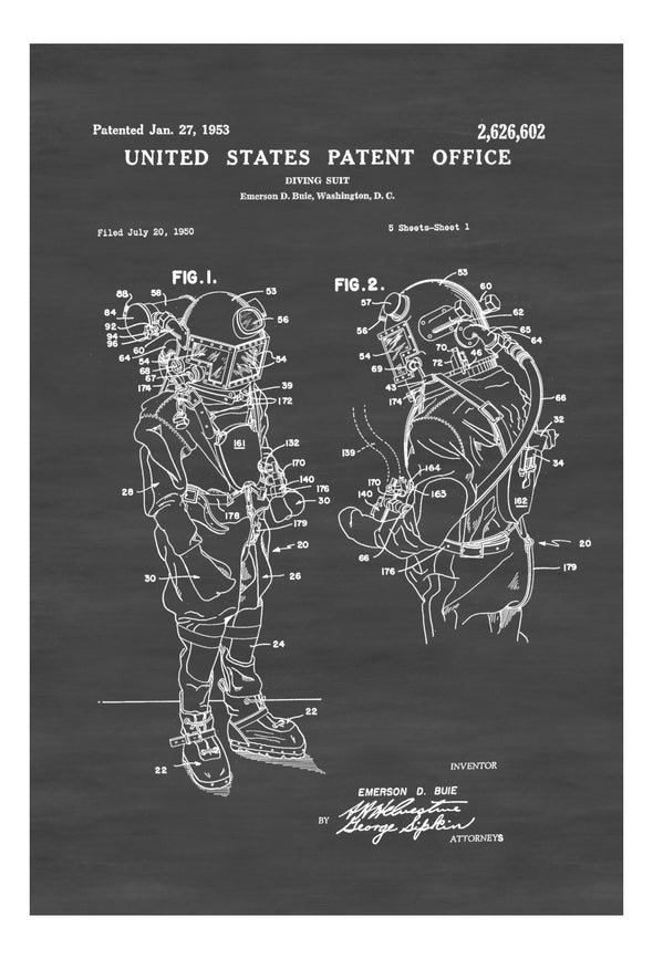 Diving Suit Patent - Patent Print, Wall Decor, Diver Gift, Scuba Gift, Scuba Diver, Deep Sea Diver, Nautical Decor, Beach House Decor