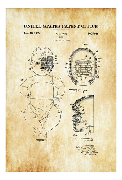 Doll Patent Poster 1935 - Patent Print, Wall Decor, Vintage Doll, Doll Patent, Creepy Dolls, Mechanical Doll, Bizarre Decor, Vintage Doll Art Prints mypatentprints 10X15 Parchment 