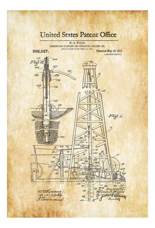 Drilling Rig Patent 1911 - Patent Print, Office Decor, Industrial Decor, Tool Art, Hydraulic Drilling Rig, Oil Rig, Drilling Rig