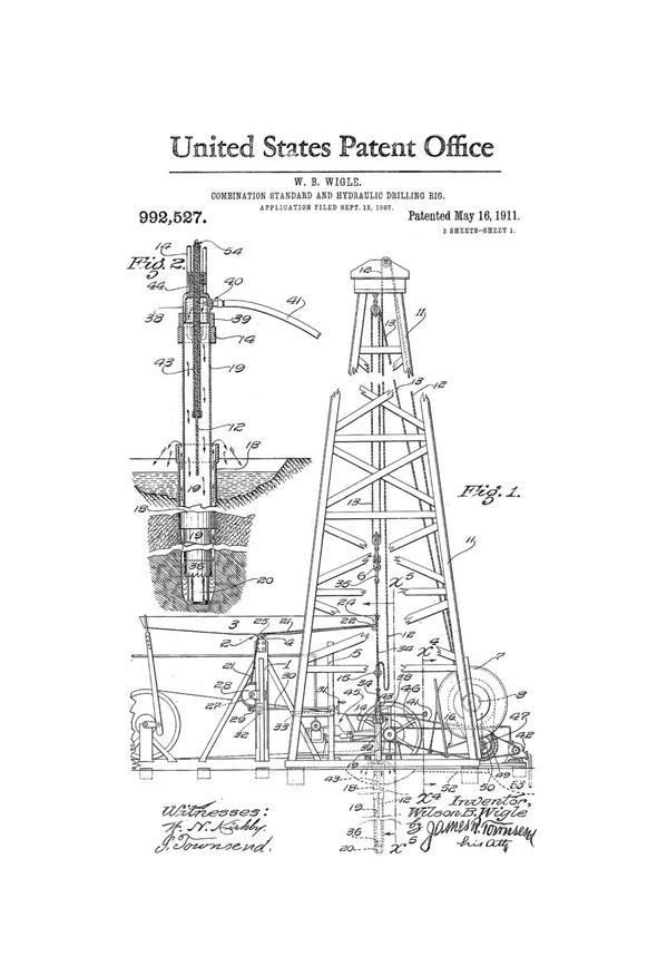 Drilling Rig Patent 1911 - Patent Print, Office Decor, Industrial Decor, Tool Art, Hydraulic Drilling Rig, Oil Rig, Drilling Rig