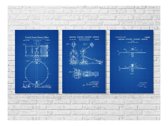 Drum Patent Collection of 3 - Patent Prints, Music Poster, Musical Instrument Patent, Drum Patent, Drummers, Drum Set, Drummer Gift