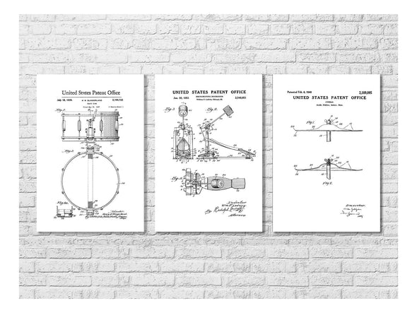 Drum Patent Collection of 3 - Patent Prints, Music Poster, Musical Instrument Patent, Drum Patent, Drummers, Drum Set, Drummer Gift