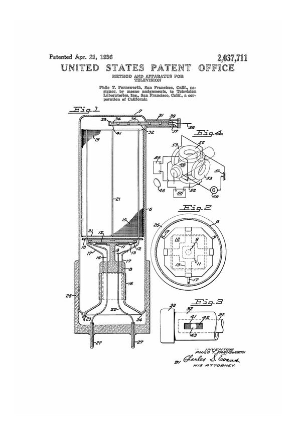 Early Television Patent 1936 - Patent Prints, Vintage Television, Technology Patent, Old TV, Philo T. Farnsworth