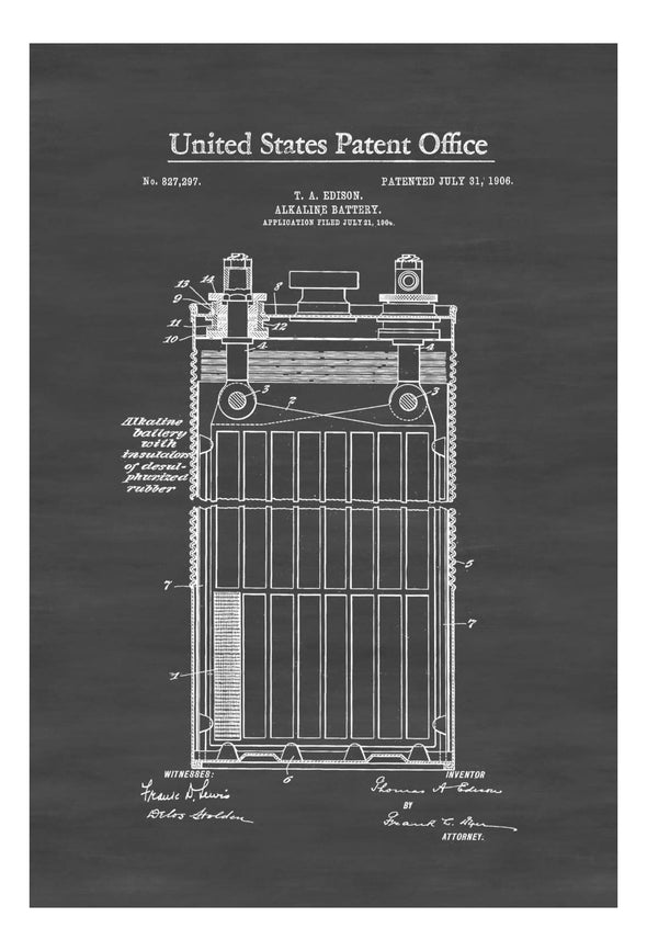 Edison Alkaline Battery Patent 1906 - Edison Patent, Edison Invention, Patent Prints, Technology Art, Thomas Edison Art, Office Decor mws_apo_generated mypatentprints Blueprint #MWS Options 1721018929 