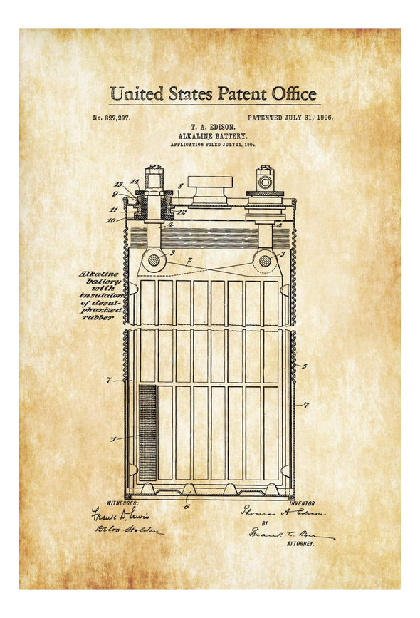 Edison Alkaline Battery Patent 1906 - Edison Patent, Edison Invention, Patent Prints, Technology Art, Thomas Edison Art, Office Decor