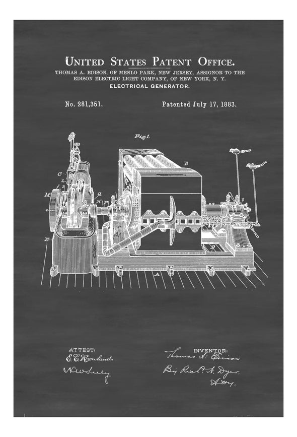 Edison Electric Generator Patent 1883 - Patent Print, Edison Patent, Thomas A. Edison, Thomas Edison Patent, Technology Patent, Electricity