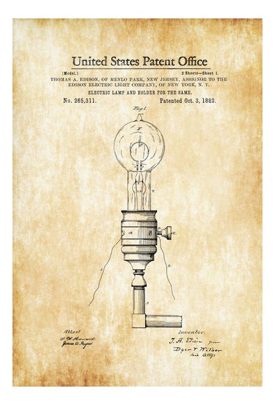Edison Electric Lamp and Holder Patent 1882 - Light Bulb, Edison Patent, Edison Invention, Kitchen Decor, Patent Prints, Wall Decor