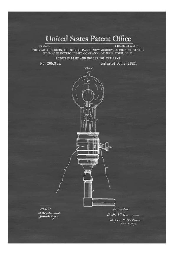 Edison Electric Lamp and Holder Patent 1882 - Light Bulb, Edison Patent, Edison Invention, Kitchen Decor, Patent Prints, Wall Decor