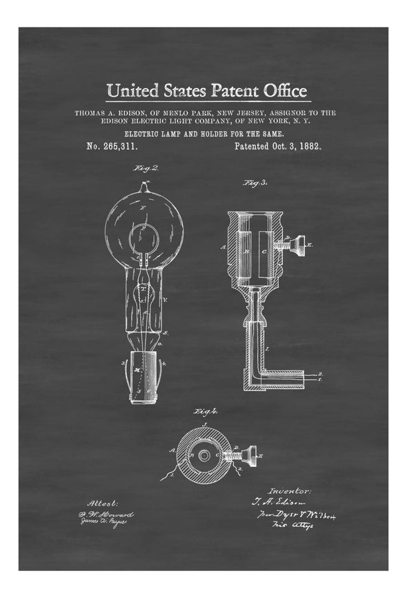 Edison Light Bulb and Holder Patent 1882 - Light Bulb, Edison Patent, Edison Invention, Patent Prints, Kitchen Decor, Wall Decor