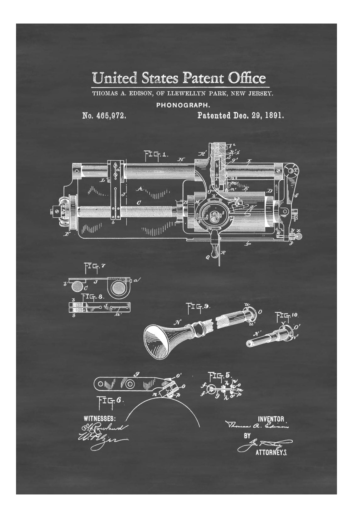 Edison Phonograph Patent 1891 - Patent Print, Edison