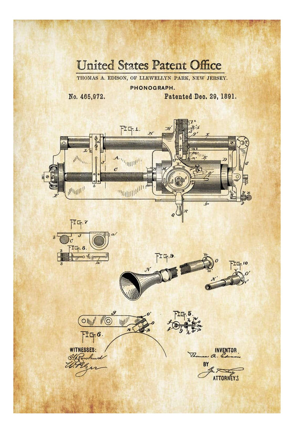 Edison Phonograph Patent 1891 - Patent Print, Edison Invention, Gramophone Poster, Home Theater Decor, Music Buff, Vintage Record Player